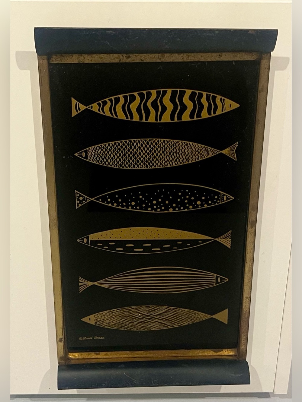 Rare Fred Press Fish Brass Gold Black Cocktail Serving Tray